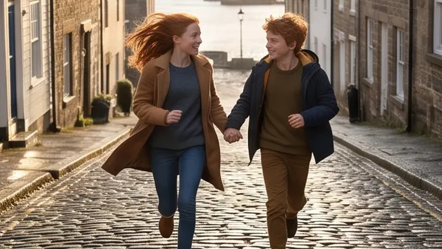 First frame: Nora and Sam run down the hill