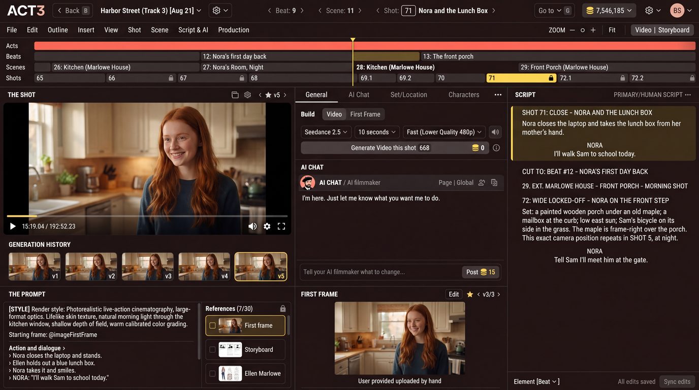 The ACT 3 editor: the shot, AI chat, first frame and script side by side.