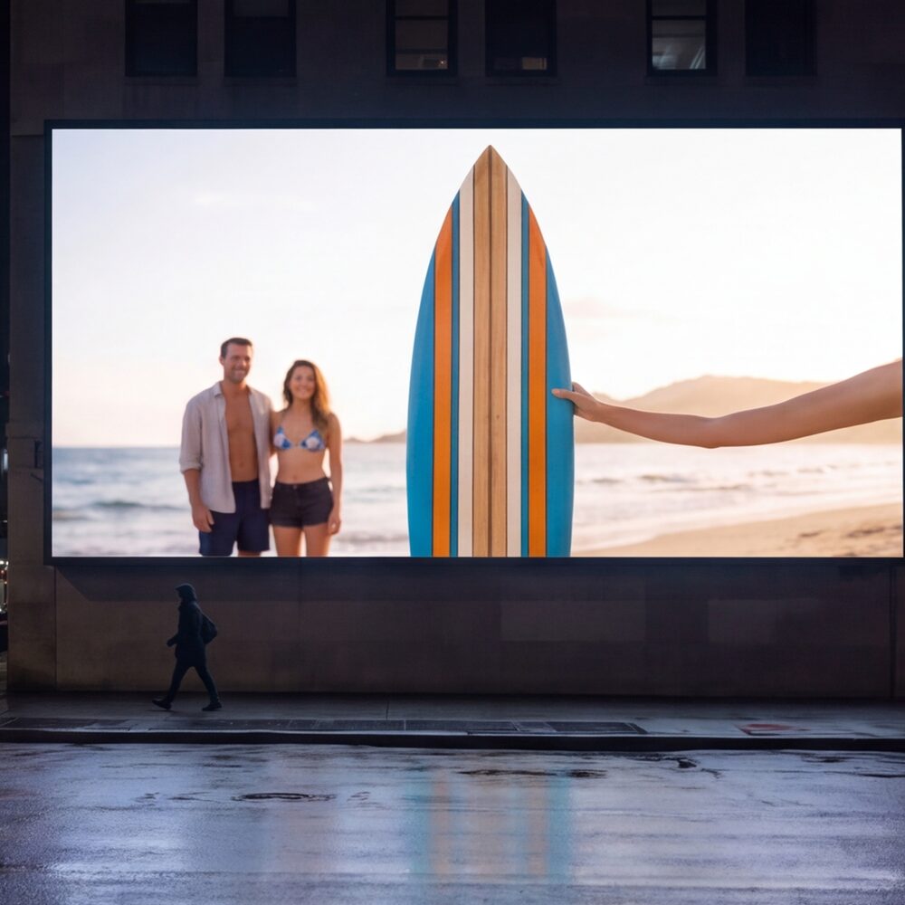 A city billboard at night showing the striped surfboard ad
