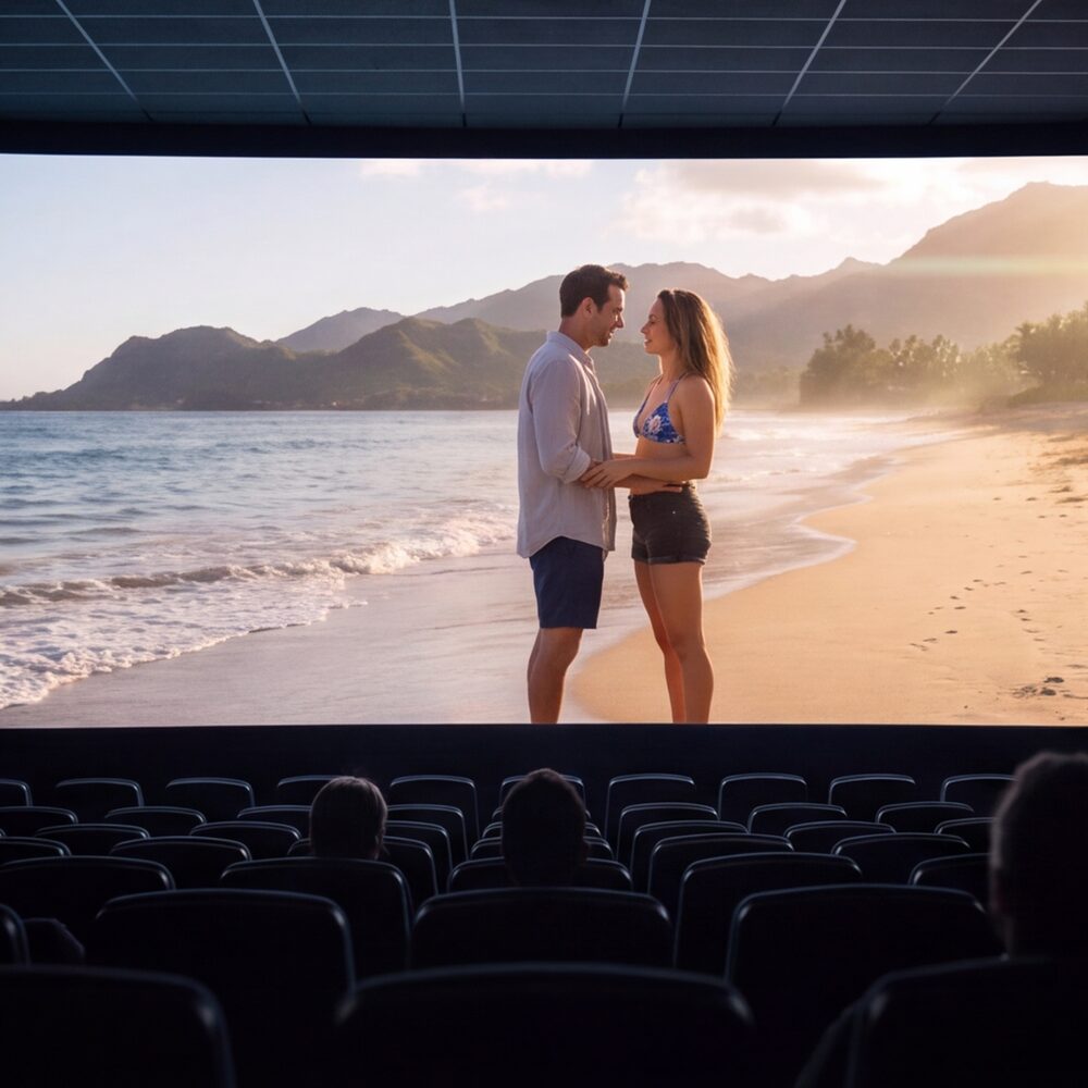 A dark movie theater, Jack and Sally on the big screen