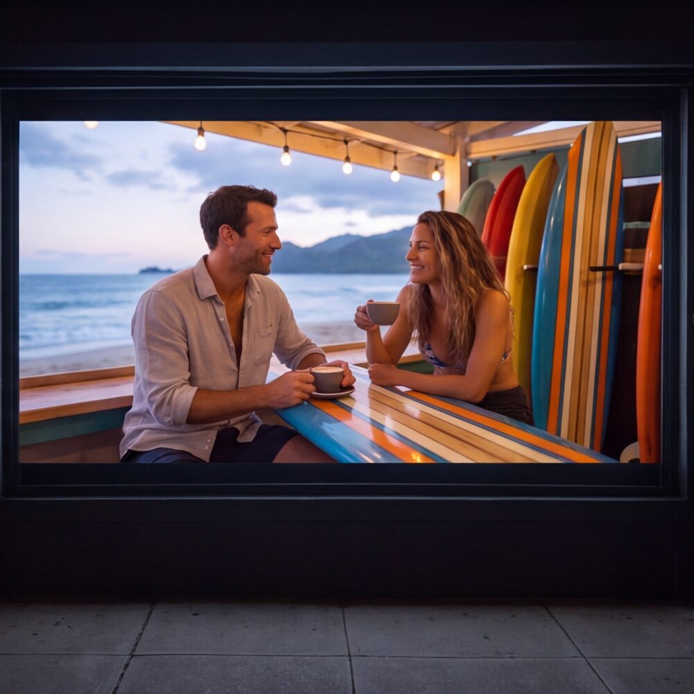 A surf shop window display at night showing the brand video