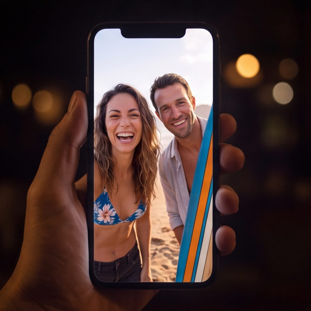 A hand holding a phone at night with a vertical video of Sally and Jack