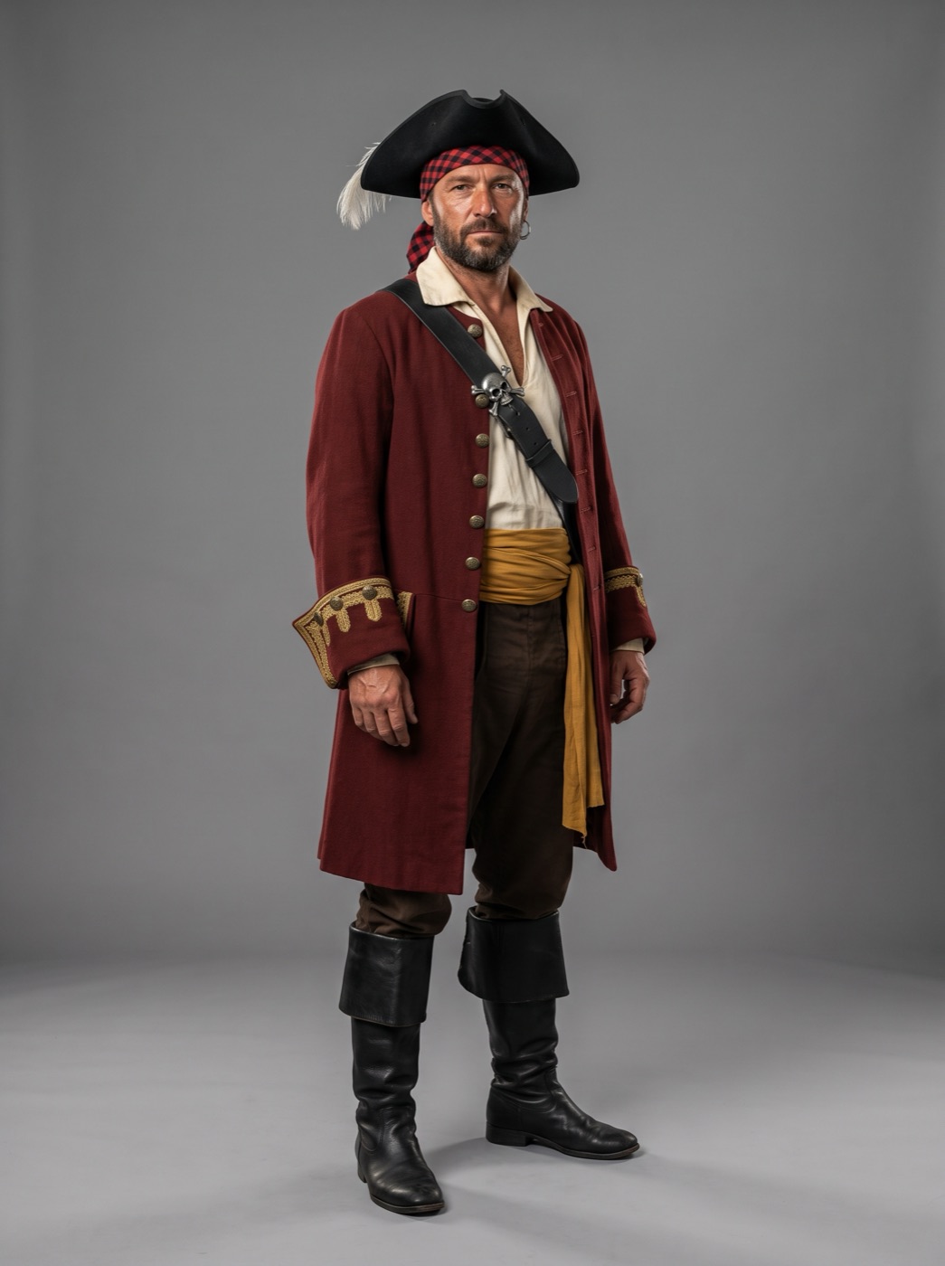 The pirate costume reference: a man in a long red coat, sash, boots and tricorn hat, standing full length on a gray seamless backdrop