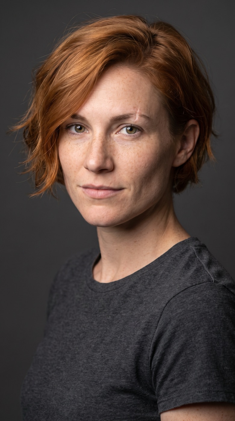 Alex, the chosen digital actor: a studio reference portrait of a woman with short copper hair in a plain gray T-shirt