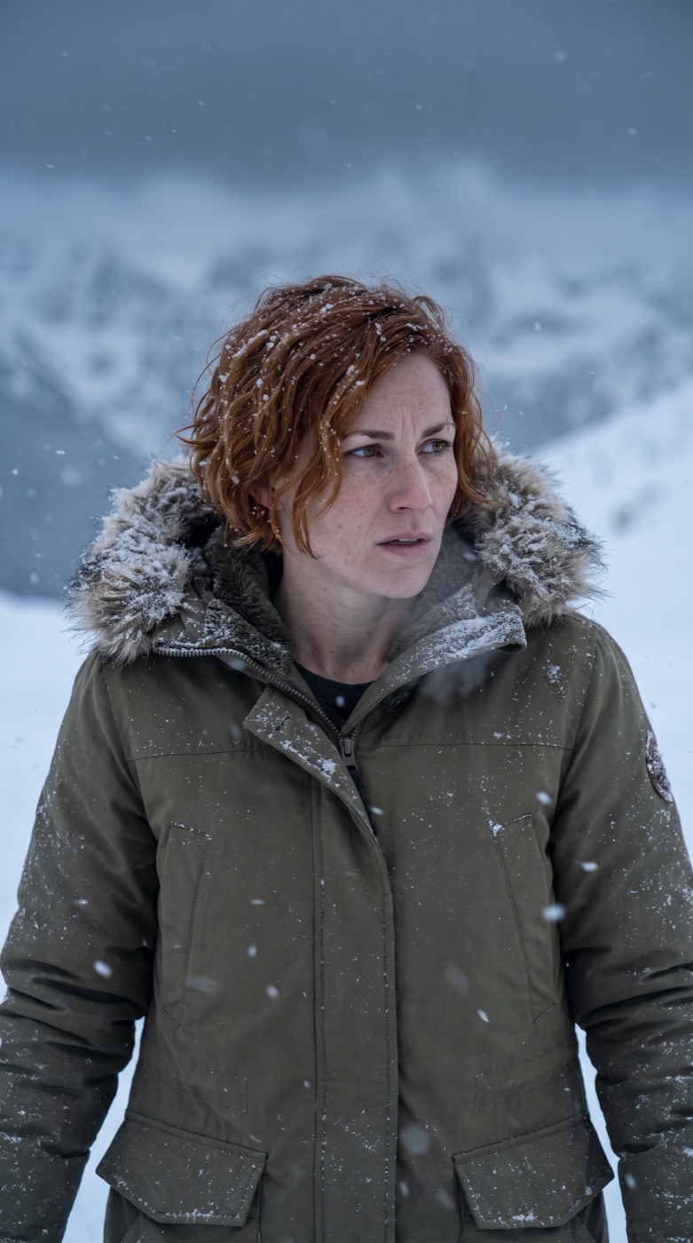 Scene 88: the same Alex in a fur-lined parka on a blizzard mountain pass