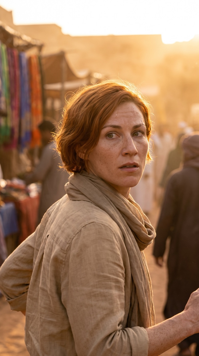 Scene 41: the same Alex running through a desert market at golden hour