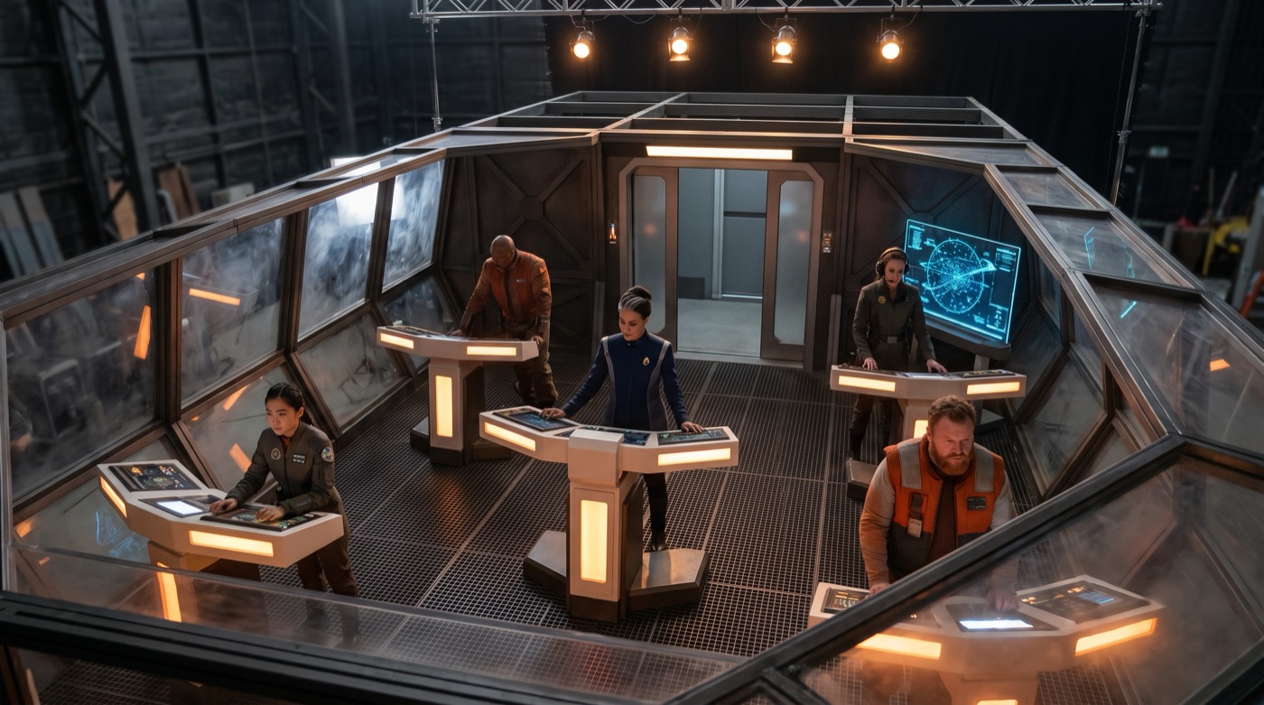 The roofless 3D set of a spaceship flight deck seen from about twelve feet up: consoles, five crew at their stations and a sliding door at the back