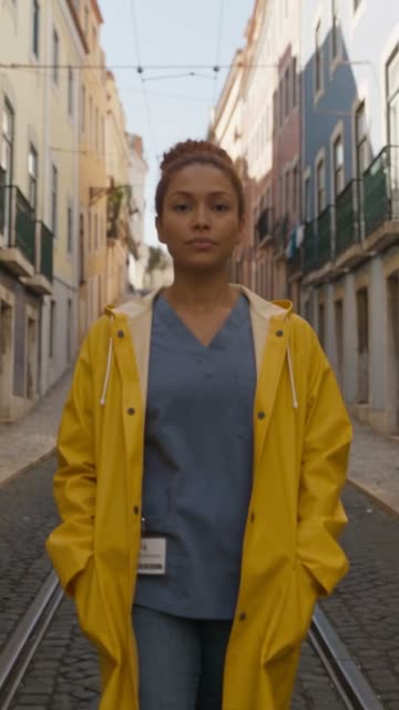 Minute 12 of the movie: a woman in a yellow coat walks an old town street in the morning