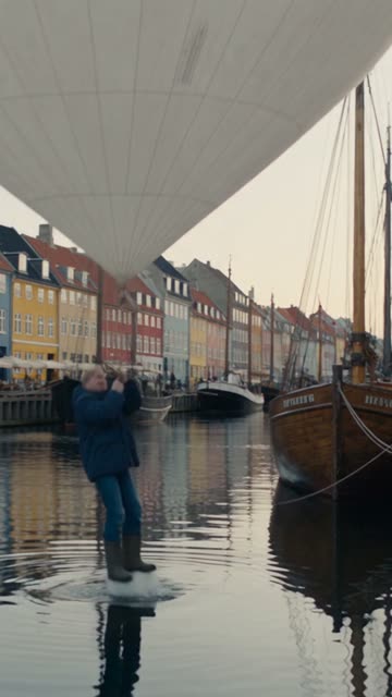 Minute 33: a man on a harbour front lifted by a weather balloon