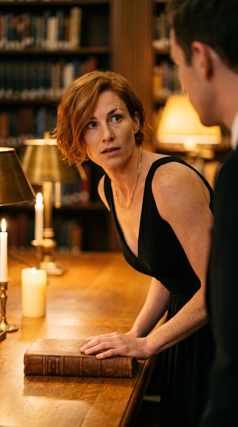 ALEX in an evening dress in a library
