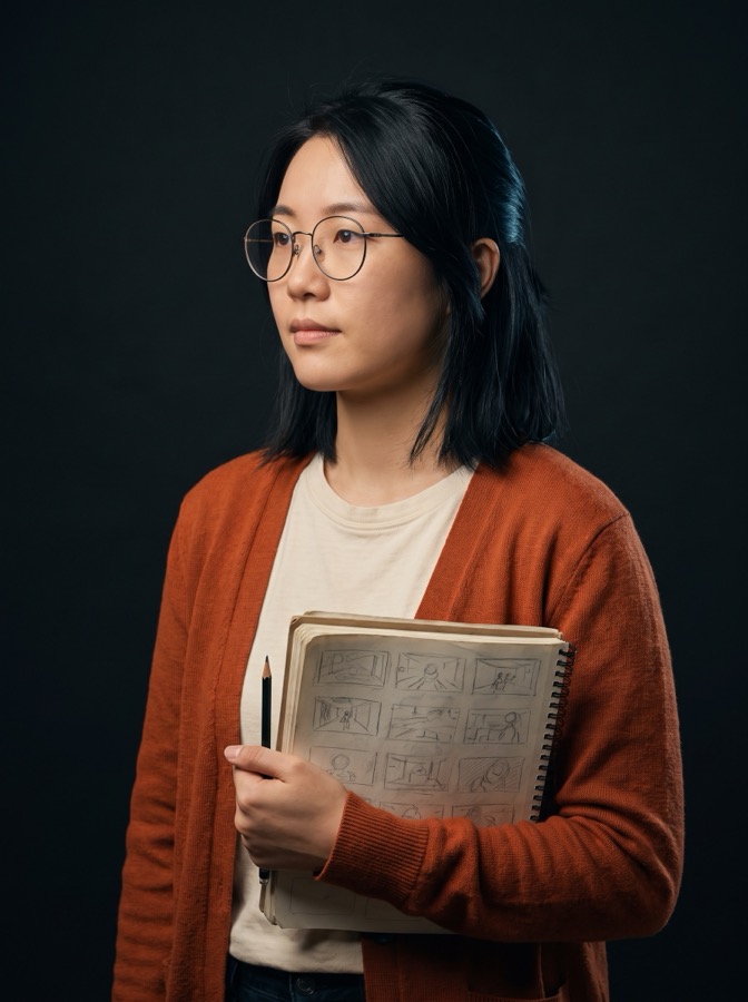 Your AI Storyboarder, holding a pencil sketchbook