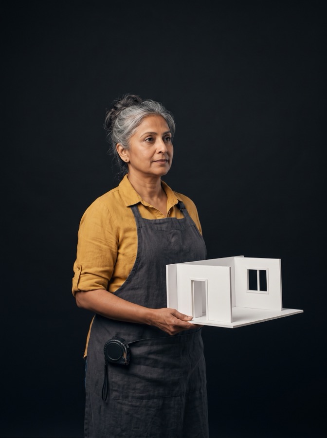 Your AI Head Designer, holding a foam-core set model