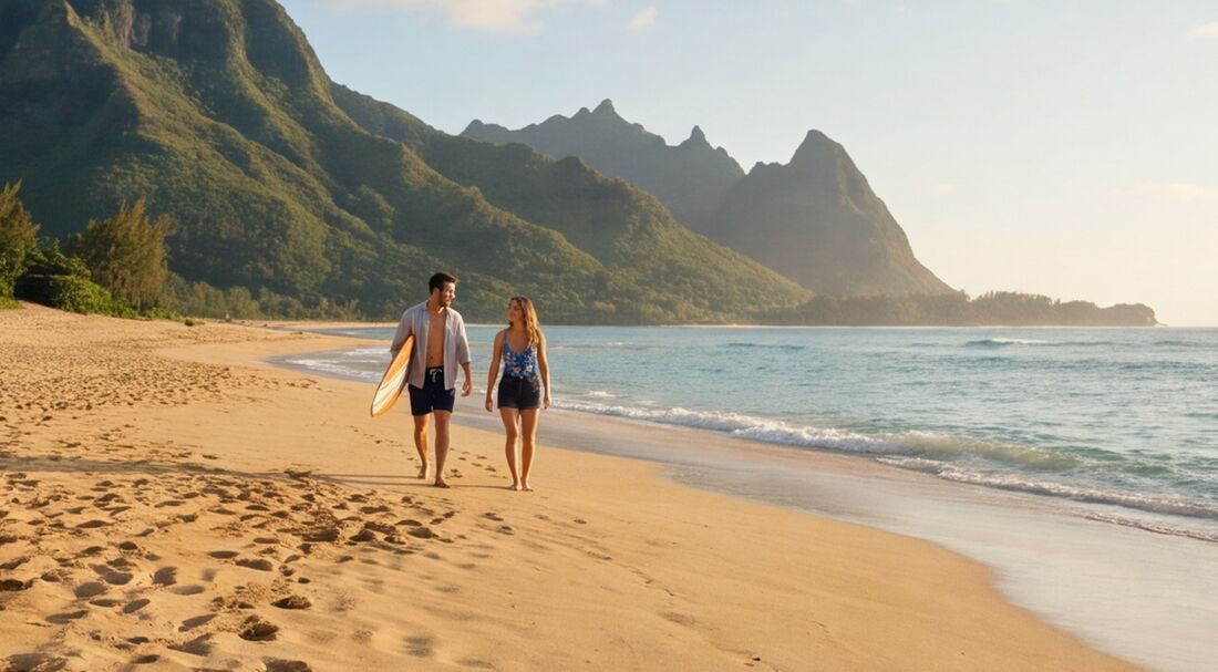 A wide shot of two people walking a beach
