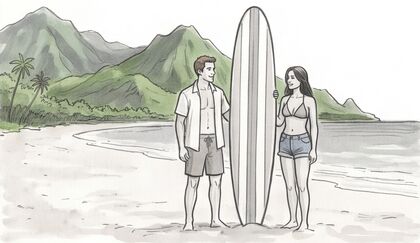 Storyboard panel: two people beside a surfboard