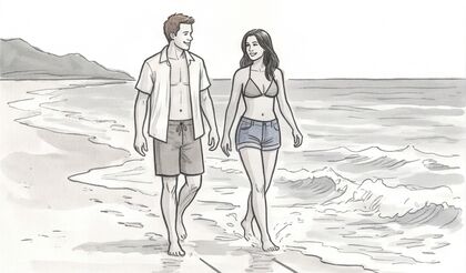 Storyboard panel: walking along the water