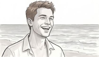 Storyboard panel: close-up, laughing