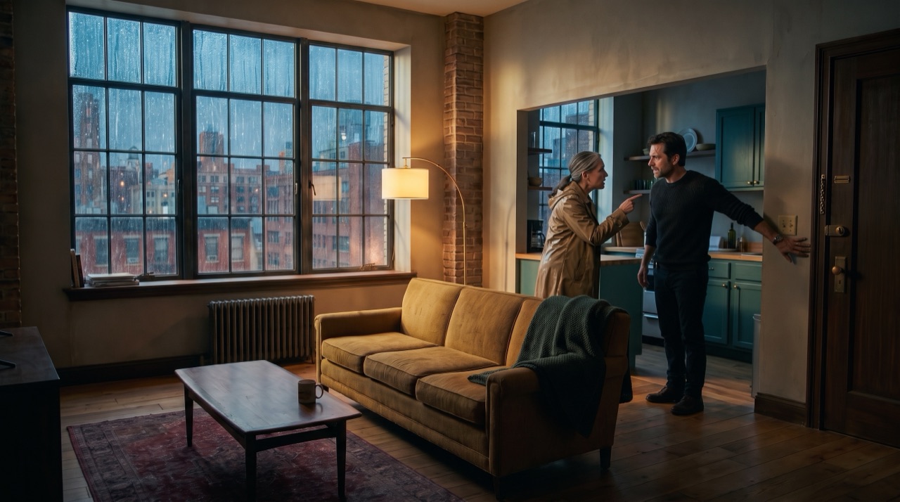 Episode 9 in Steve’s apartment: a rainy night, Steve arguing with a visitor at the door