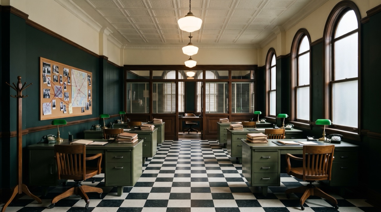 The empty standing set, nobody in it: the police station bullpen