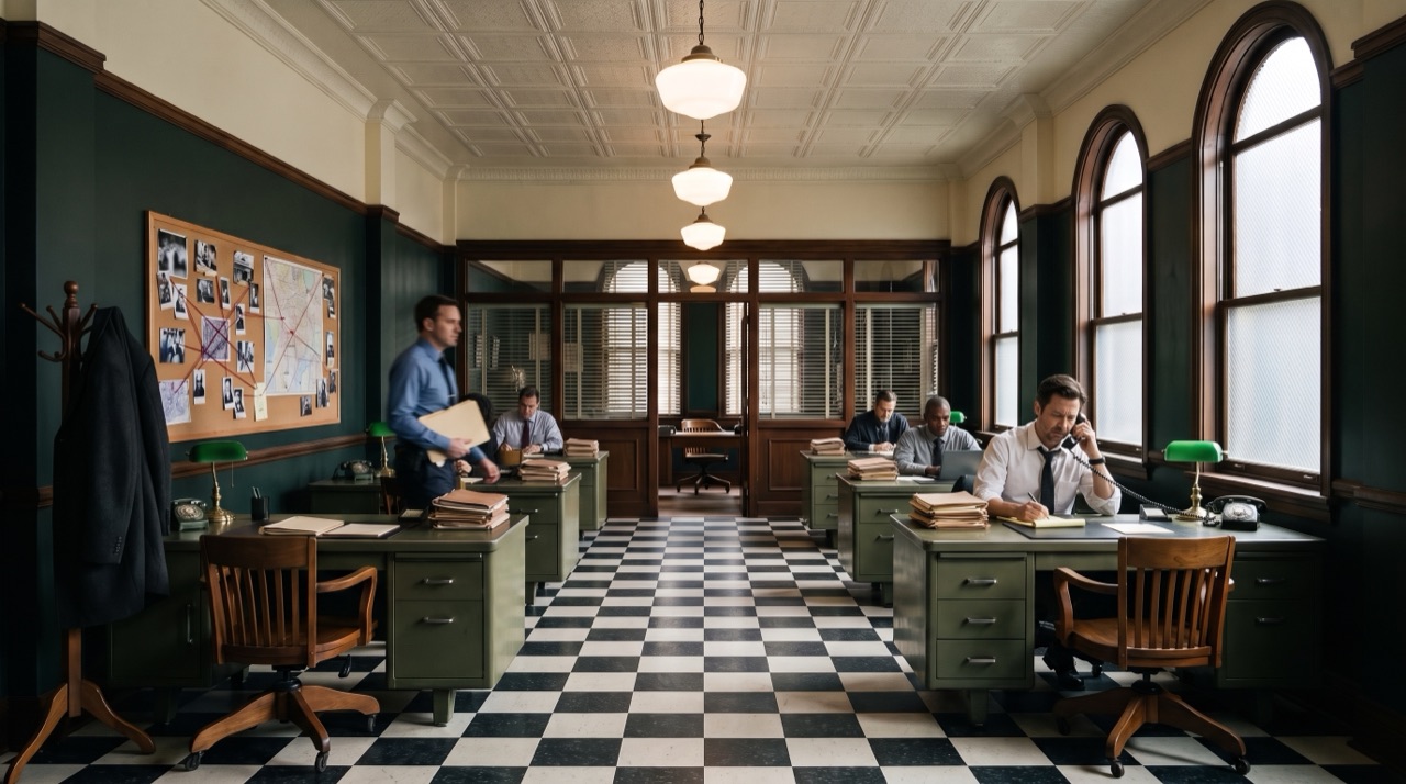 Episode 1 in the police station bullpen: a busy day, Steve at his desk on the phone