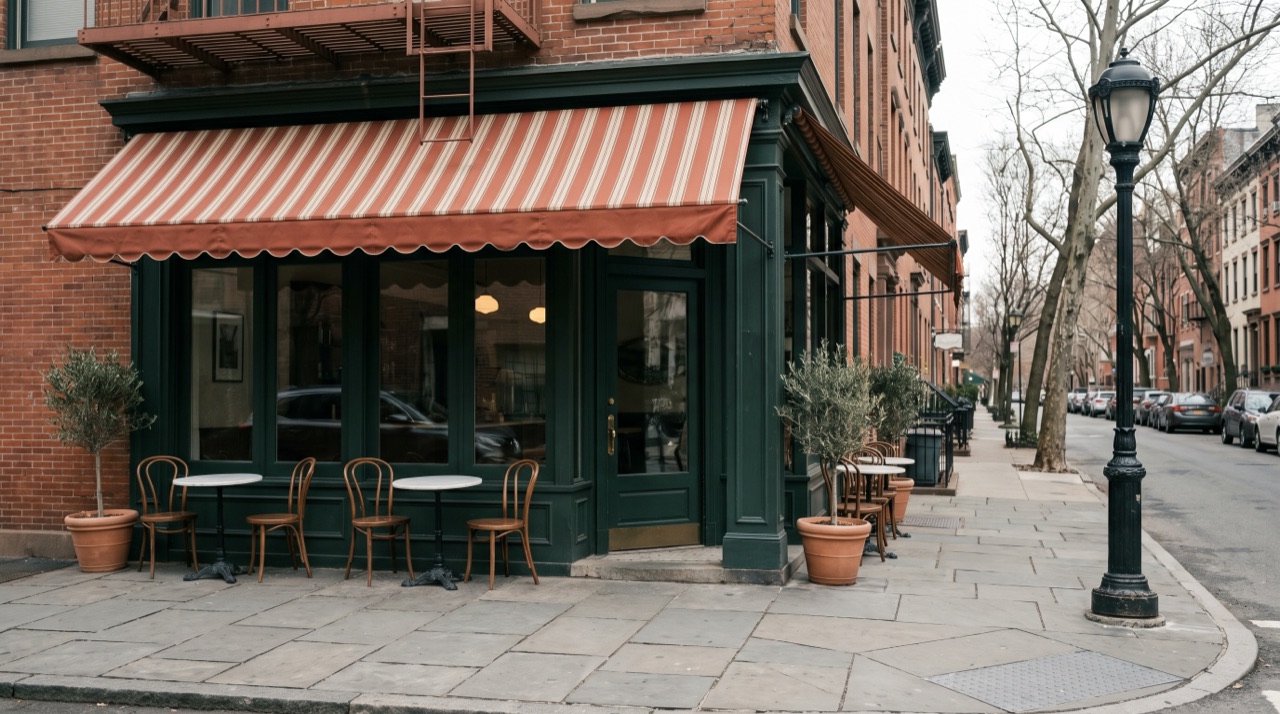 The empty standing set, nobody in it: the sidewalk tables outside the coffee shop
