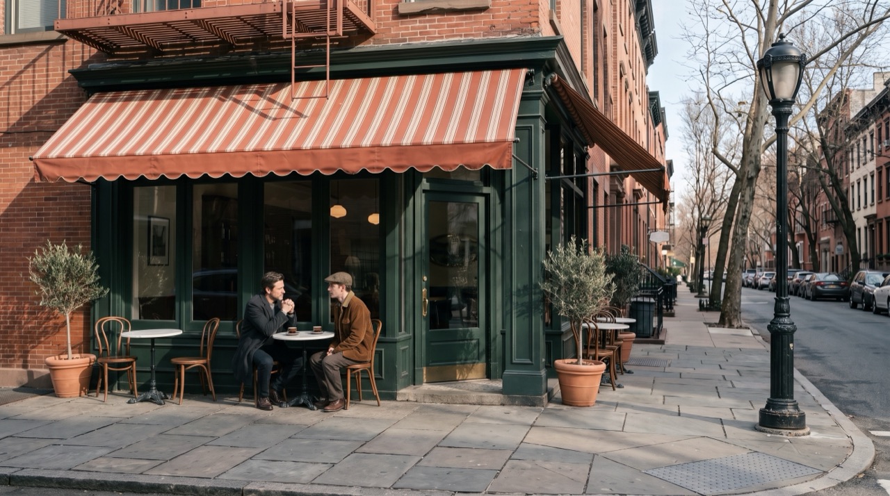 Episode 3 in the sidewalk tables outside the coffee shop: a sunny morning, Steve meets an informant at a table