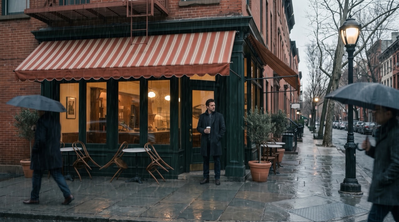 Episode 6: Steve under the coffee shop awning in the rain