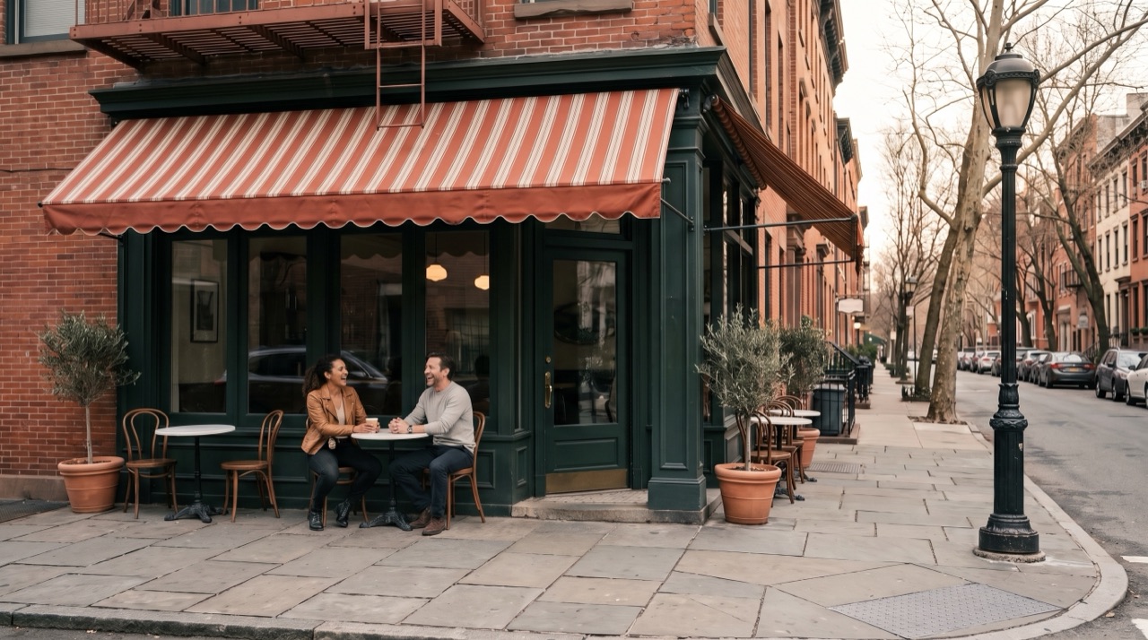 Episode 10 in the sidewalk tables outside the coffee shop: golden hour, Steve and his partner laughing over coffee