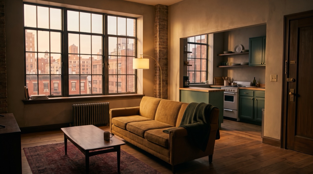 The empty standing set, nobody in it: Steve’s apartment