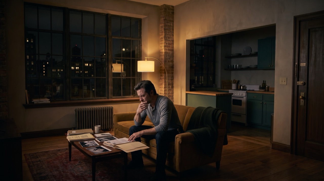 Episode 2 in Steve’s apartment: night, Steve on the couch with case files under one lamp