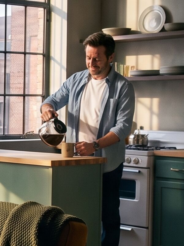 Steve in an open blue shirt