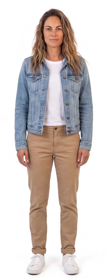 Sally in a denim jacket and chinos