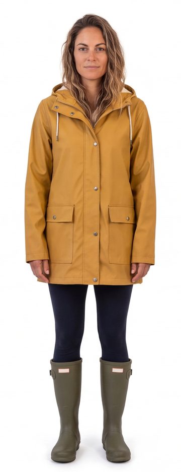 Sally in a mustard rain slicker and boots