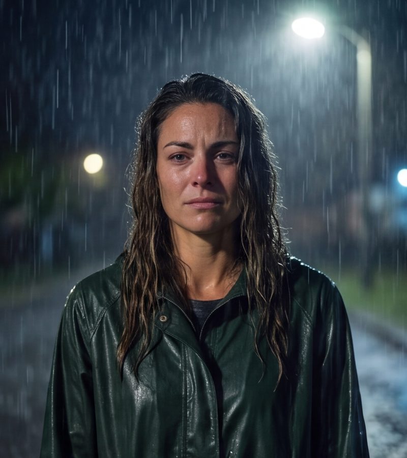 Sally in heavy night rain