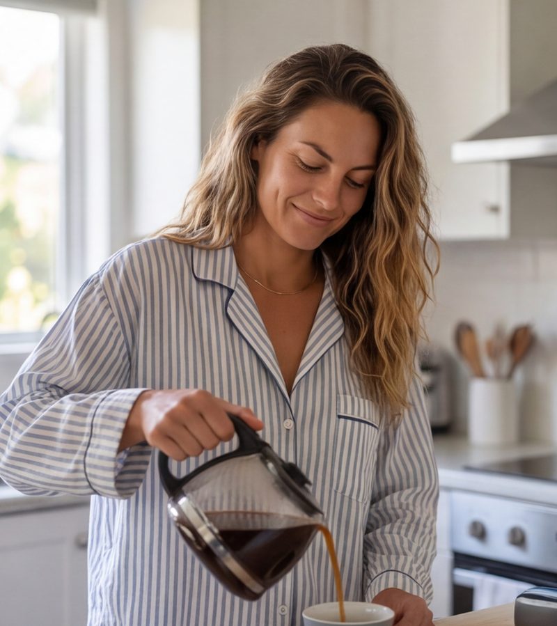 Sally pouring coffee in a bright kitchen